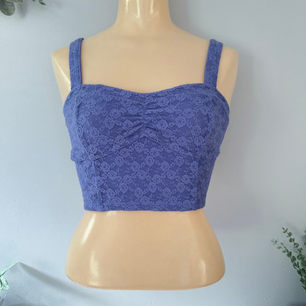 Mudd Y2K Crop Top Festival Periwinkle Floral Lace Bustier Ruched Sweetheart M